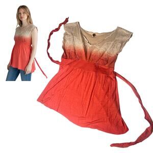 Free People Crochet Top Orange Ombre Tan Tie Waist Women's Med Raw Slant Hem